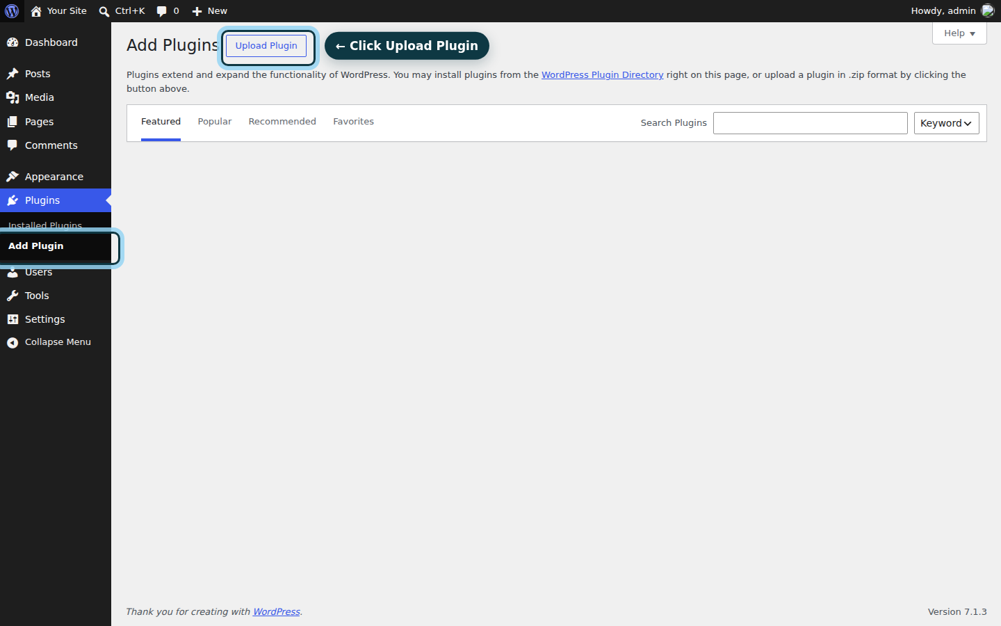 The WordPress Add Plugins screen, with Add Plugin highlighted in the Plugins menu and the Upload Plugin button at the top circled.