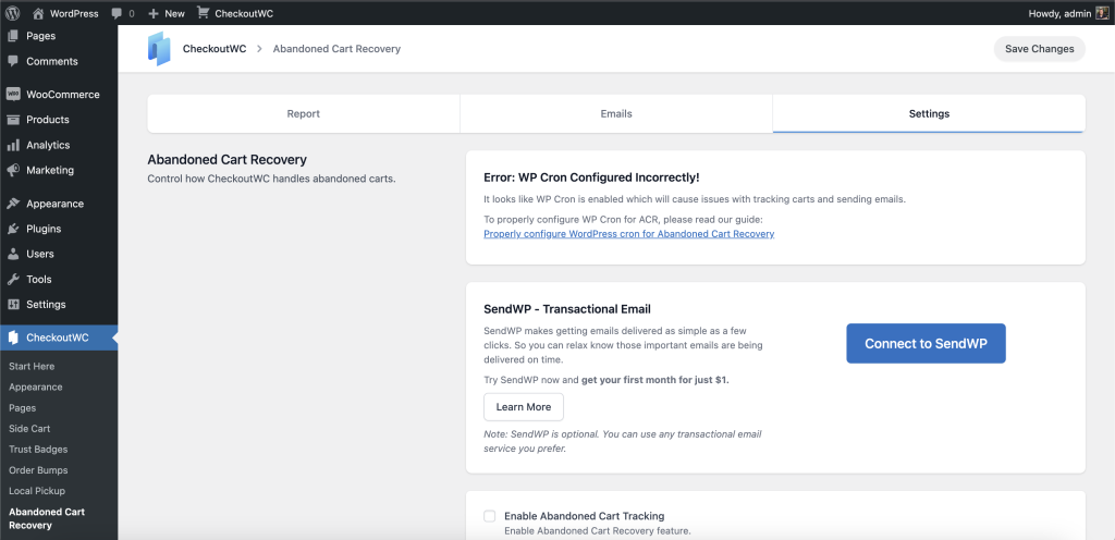 CheckoutWC abandoned cart recovery email settings