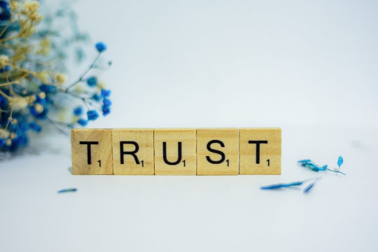 Wooden tiles spelling the word "trust" next to dried blue flowers