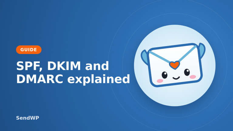 Sendie, the SendWP envelope mascot, beside the words "SPF, DKIM and DMARC explained"