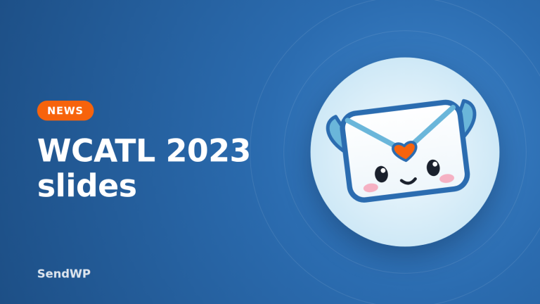 Sendie, the SendWP envelope mascot, beside the words "WCATL 2023 slides"